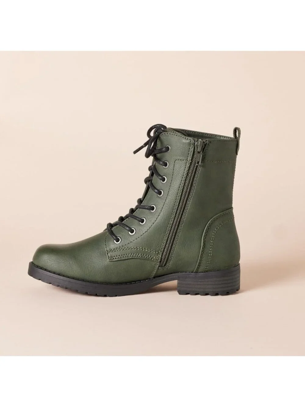Women's Green Thermoplastic Lace Up Platform Side Zipper Lug Sole Ankle Booties
